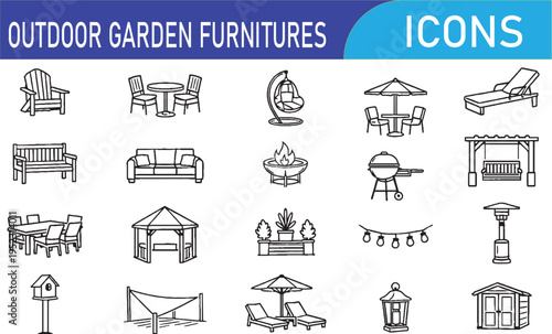 Outdoor Garden Furniture Outline Icons – Patio Chair, Table, Bench, Umbrella, Swing Line Vector Set