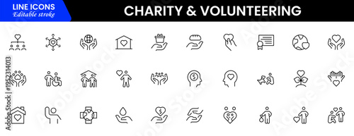 Volunteering and charity web icons in line style. Donate, donor, doctor, care, help, support, collection Vector illustration.