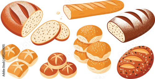 Artisan Bakery Bread Vector Set with Sourdough Loaf, Baguette, Sliced Rye, Sesame Buns, and Whole Grain Rolls for Cafe and Menu Designs