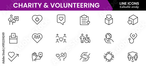 Volunteering and charity web icons in line style. Donate, donor, doctor, care, help, support, collection Vector illustration.