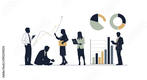 Business professionals collaborating with data visualizations and growth charts