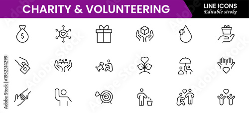 Volunteering and charity web icons in line style. Donate, donor, doctor, care, help, support, collection Vector illustration.