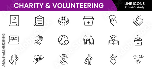 Volunteering and charity web icons in line style. Donate, donor, doctor, care, help, support, collection Vector illustration.