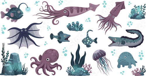 Deep sea creature collection with octopus squid jellyfish anglerfish and eel plus underwater ocean nature elements like coral reefs.Deep sea creature collection with octopus squid jellyfish anglerfish