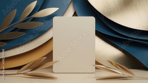 Minimal product podium mockup, beige blank card on layered paper waves, luxury blue and gold abstract backdrop for branding