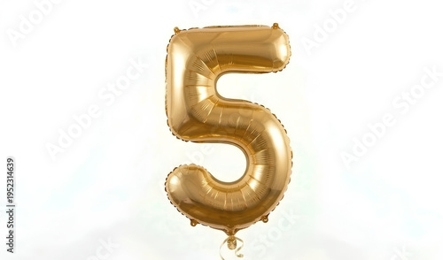 Luminous Golden Number Five Mylar Balloon Floating Isolated on White Background for Celebrations and Anniversaries