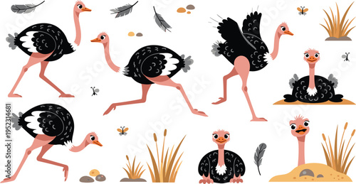 Flat vector illustration set of colorful frogs in various poses featuring jumping, swimming on lily pads, peeking under leaves, and resting for pond nature design.