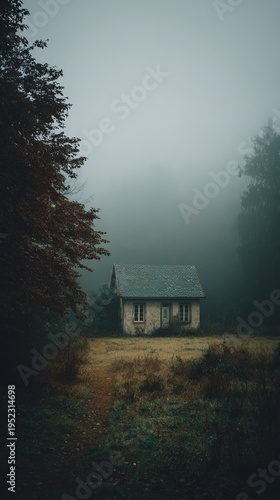 Wallpaper Mural A solitary, aged cabin shrouded in dense fog, nestled within a somber forest, a path leading to it Torontodigital.ca