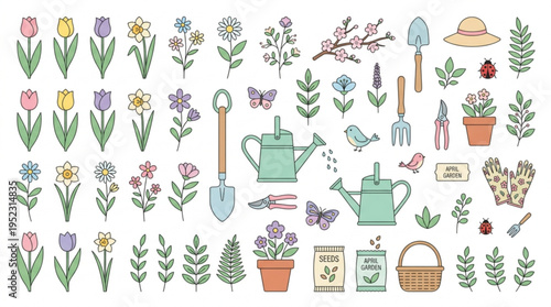 Colorful garden tools flowers and plants illustrations for spring gardening and floral design