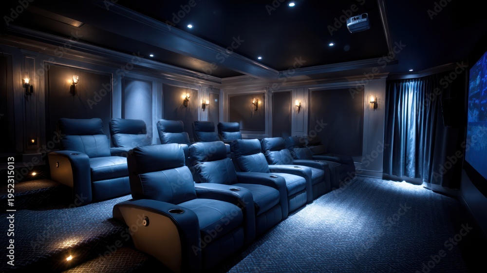 Fototapeta premium Home theater with recliner seats, acoustic panels, projector screen, and concession stand, cinematic immersion, 8k, realistic, full ultra HD, high resolution, cinematic photography