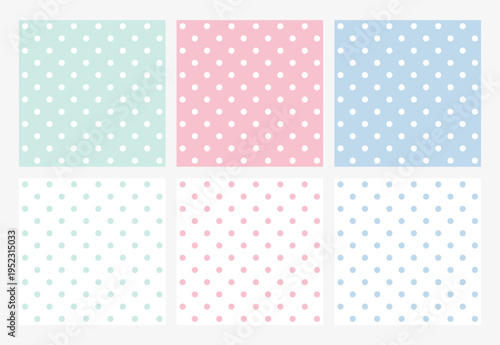 Pastel dots fill soft squares, calming and sweet. Mint, pink, and blue hues bring gentle charm. White polka dots echo purity and simplicity. Perfect for baby rooms, greeting cards, or soft textiles