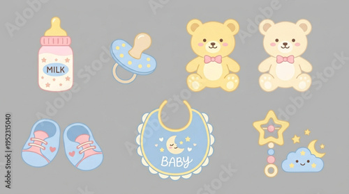 Baby shower clip art set with teddy bears bottle pacifier shoes bib and toys on gray background