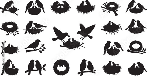 set of bird nesting and flying silhouettes flat design vector illustration