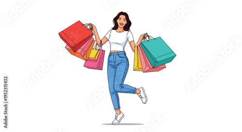 A young woman cheerfully carries multiple colorful shopping bags