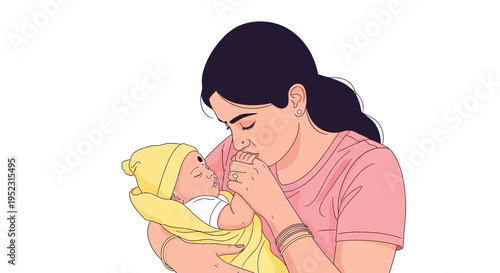 A mother tenderly cradles and kisses her small baby in her arms