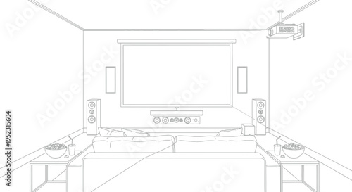 Modern home cinema room with large projector screen, powerful sound system, comfortable seating, and snacks ready for an immersive entertainment experience.