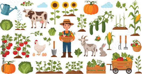 Farmer Harvesting Seasonal Crops with Sunflowers, Pumpkins, Animals, and Gardening Tools in Autumn Farm IllustrationFarmer Harvesting Seasonal Crops with Sunflowers, Pumpkins, Animals, and Gardening T