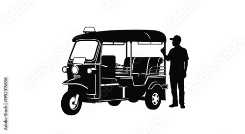Black silhouette of a tuk tuk with a driver hailing for passengers silhouette