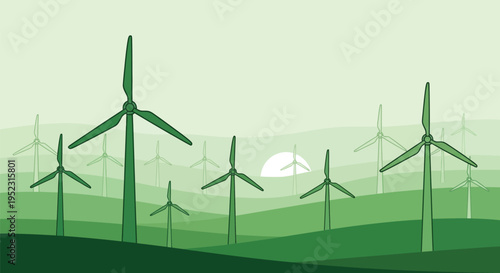 Numerous stylized wind turbines generate renewable energy across rolling green hills during a soft sunrise
