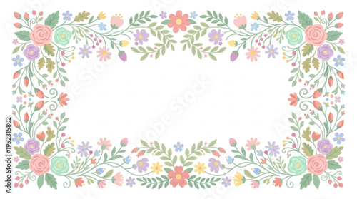 Colorful floral frame with pink purple yellow and green flowers and leaves on white background for decoration and design