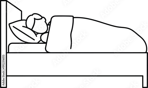 Simple black and white line art icon depicting a person sleeping soundly tucked into a comfortable bed.