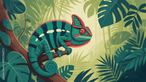 Colorful chameleon perched on tree branch surrounded by lush green tropical leaves in jungle habitat