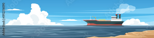 Horizontal or Landscape view of transport large cargo ships laden with minerals are located far out in the vast ocean. Land in front of it. Under blue sky and white clouds.