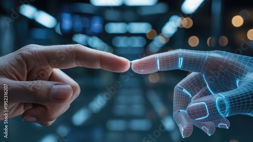 Futuristic human and robot hands touching fingers, artificial intelligence concept, digital wireframe cyborg hand meeting human touch in data center