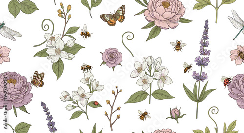 Elegant botanical flower collection with vintage peonies jasmine lavender and garden insects like bees butterflies and dragonflies for design.Elegant botanical flower collection with vintage peonies j