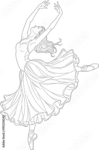 Elegant line art illustration of a graceful female ballerina dancing on pointe in a dynamic, expressive pose, perfect for coloring or design projects.