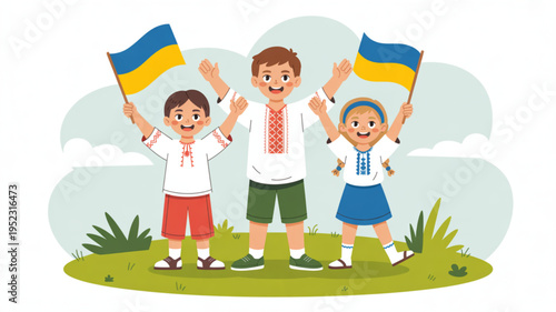 Three children waving ukrainian flags on green grass with cloudy sky symbolizing national pride and unity