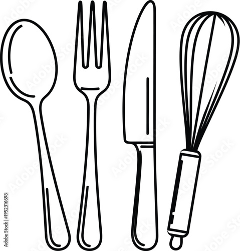 Minimalist line art drawing of essential kitchen utensils including a spoon fork knife and whisk together