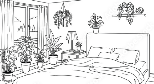 Outline drawing of a bedroom sanctuary filled with numerous potted houseplants and natural light from a large window.