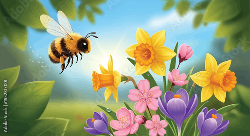 A charming fluffy cartoon bee happily flies through a vibrant spring garden filled with colorful blooming flowers under a sunny blue sky.