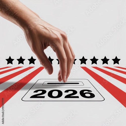 Close-up of a person's hand casting a vote into a ballot box with '2026' printed on it, featuring a patriotic red and white striped design with black stars, symbolizing elections, democracy