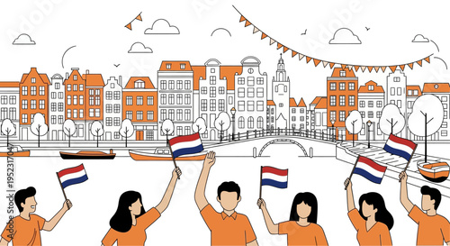People holding Dutch flags outdoors.