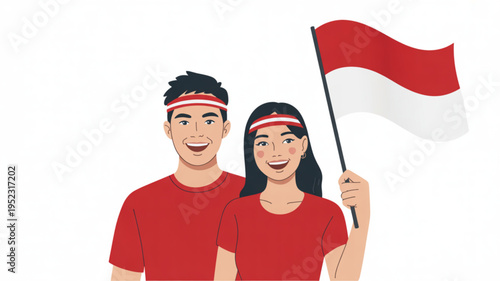 Young indonesian couple celebrating with flag wearing red shirts and headbands smiling