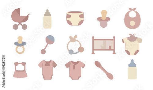 Baby care icon set newborn diaper stroller feeding symbols vector illustration