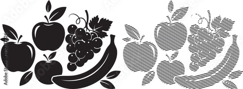 Vintage illustration of fruits and vegetables intertwined with decorative leaves and patterns