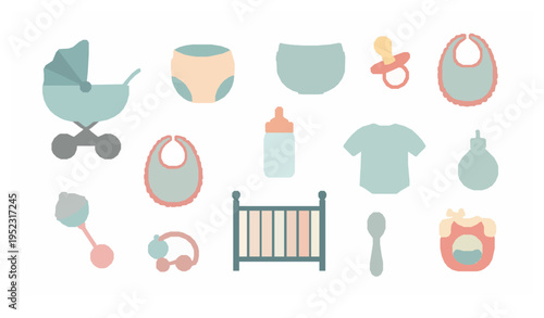 Baby care and newborn icon collection stroller diaper feeding vector illustration
