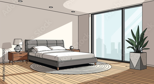 Minimalist contemporary bedroom interior design featuring natural light and city views through large windows