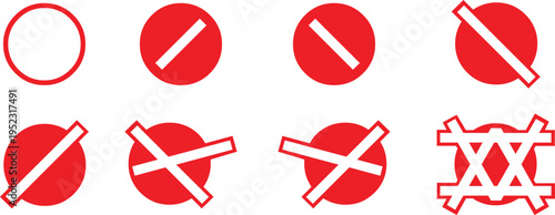 Prohibition no symbol icon set in red circle styles. Stop sign collection with diagonal slash variations. Bold vector warning graphic for restriction and safety design.
