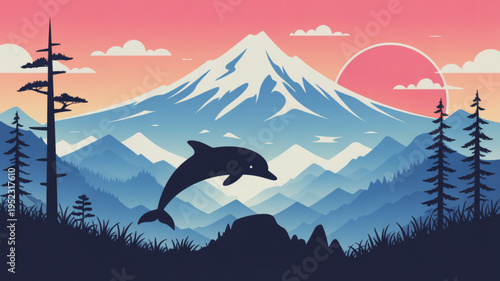 Dolphin jumping in front of snowy mountain landscape with trees at sunset