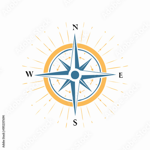 Stylized compass rose with cardinal directions and radiant lines