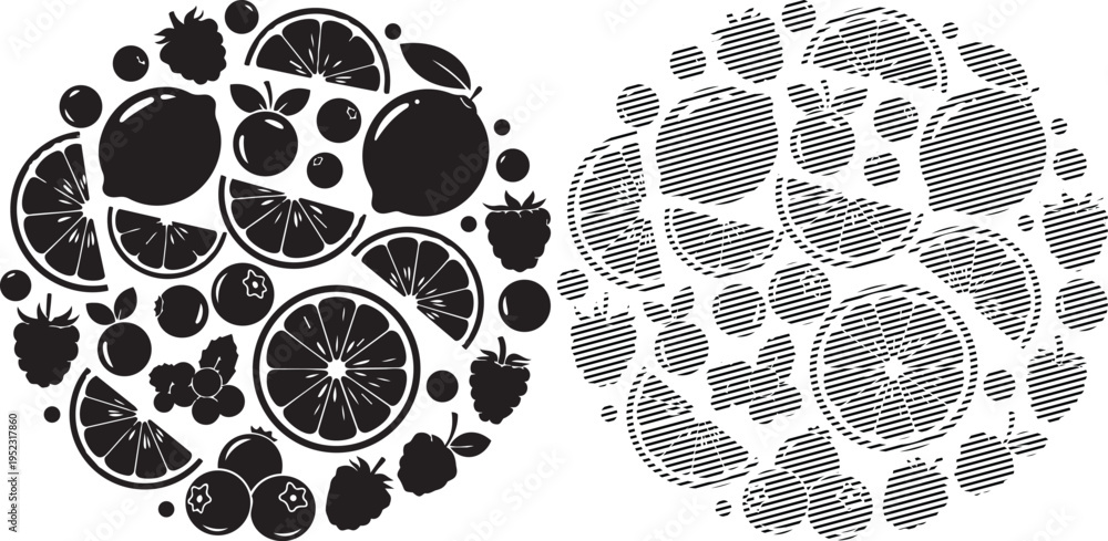 Fototapeta premium Dual visual representations of complex fractal patterns and cellular structures in black and white