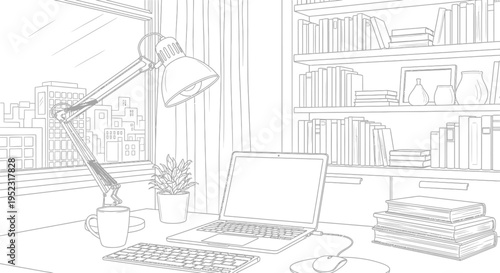 A detailed line art drawing of a modern home office desk setup with a laptop, lamp, and books ready for work or study.