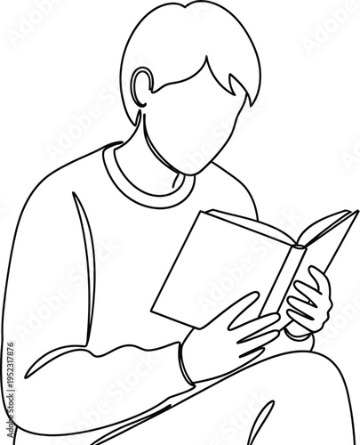 Minimalist continuous line drawing depicts a person deeply engrossed in reading an open book against a white background.