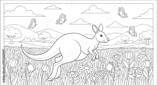 Happy kangaroo jumping in flower field coloring book page for children, australian animal cartoon line art drawing