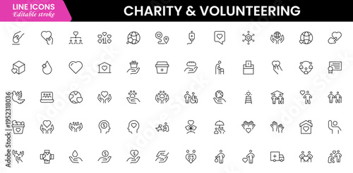 Volunteering and charity web icons in line style. Donate, donor, doctor, care, help, support, collection Vector illustration.