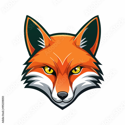Stylized orange fox head mascot with intense yellow eyes